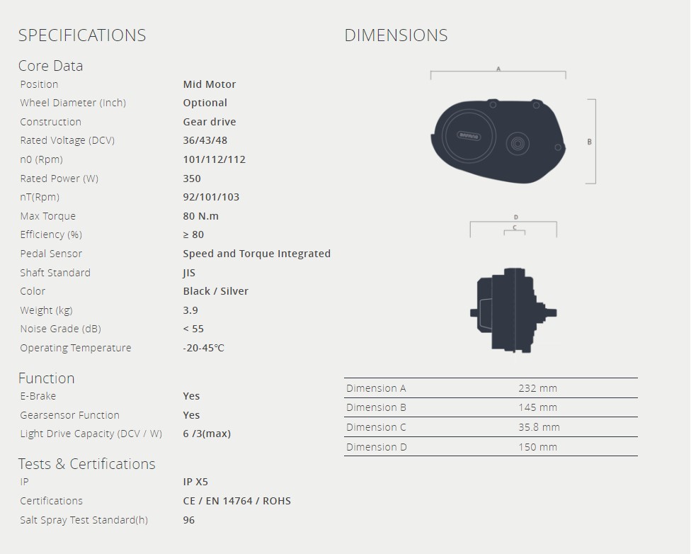 Bafang M400 G330 350W / 36V Specs